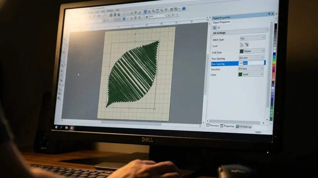 Embroidery digitizing software showing fill stitch row spacing set too high causing gaps in coverage