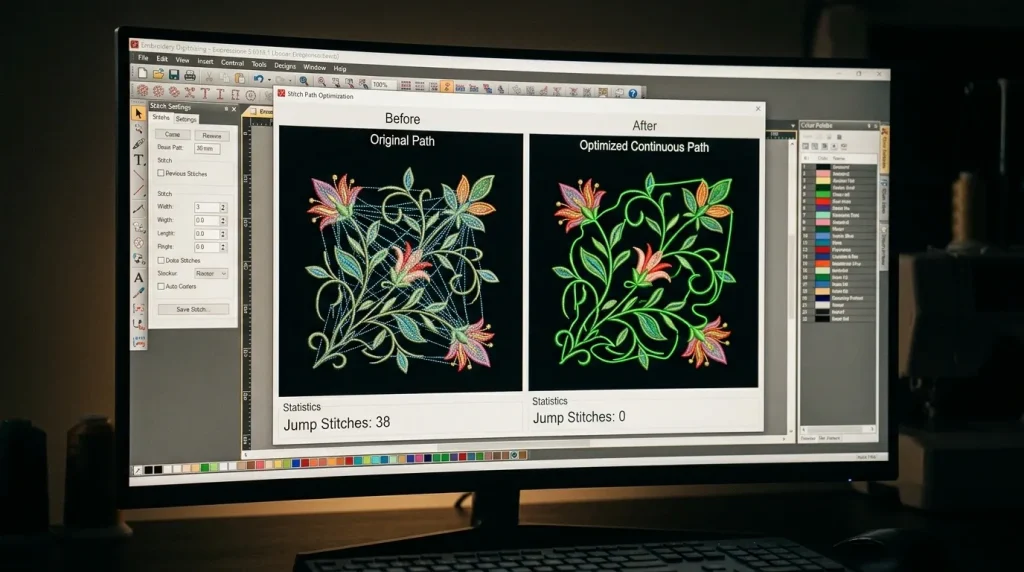 Embroidery digitizing software showing re-pathing of design to eliminate jump stitches and reduce trims