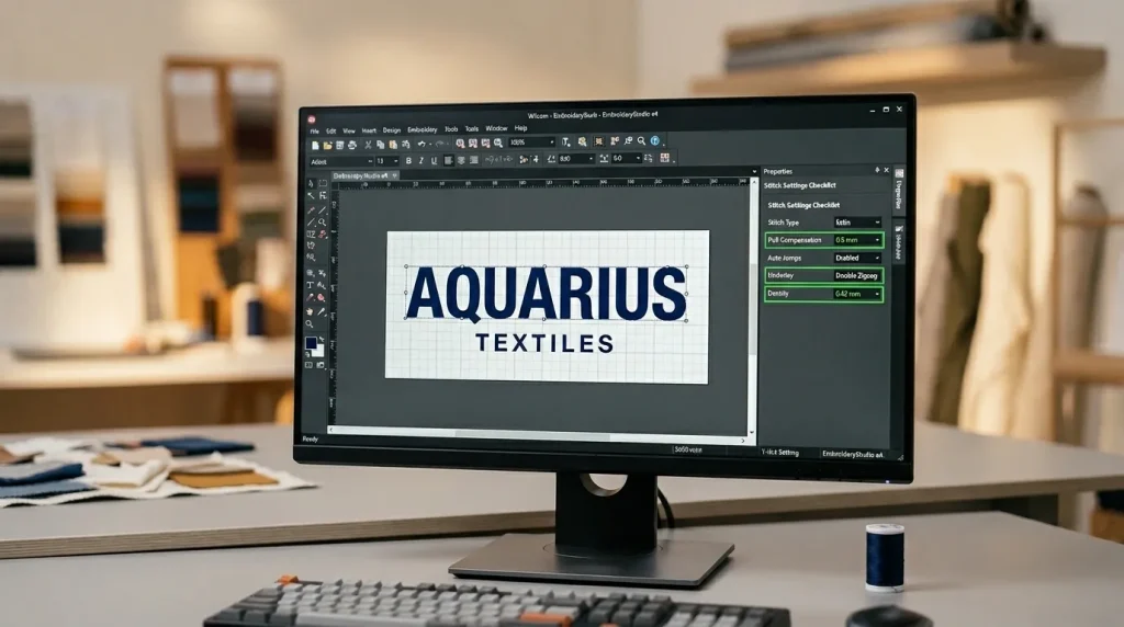 Embroidery digitizing software showing logo file verification with pull compensation, underlay, and density settings checked before stitching