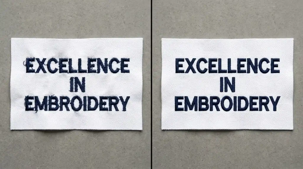 Embroidery letters with no underlay vs correct underlay on pique polo fabric showing sharp edges and solid fill improvement