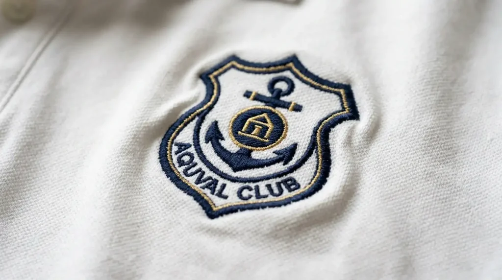 fabric distortion caused by too much push in embroidery on white polo shirt