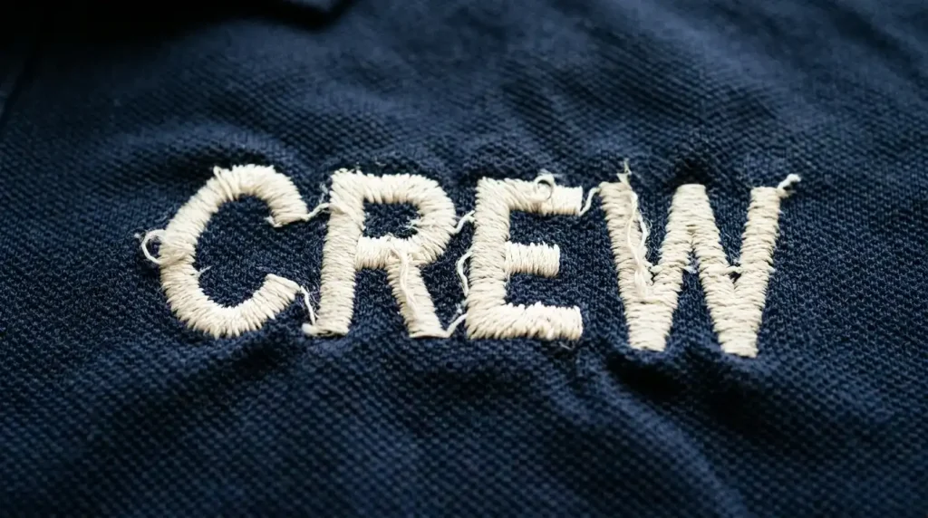 embroidery text distortion and wavy edges caused by push compensation on navy polo shirt