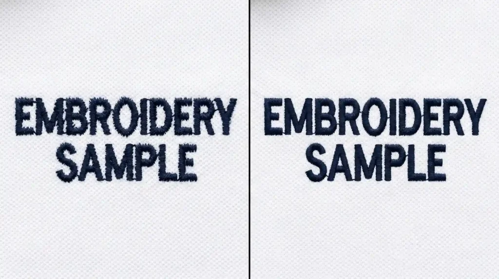 Embroidery text with no underlay vs correct underlay showing improvement in font quality and letter sharpness