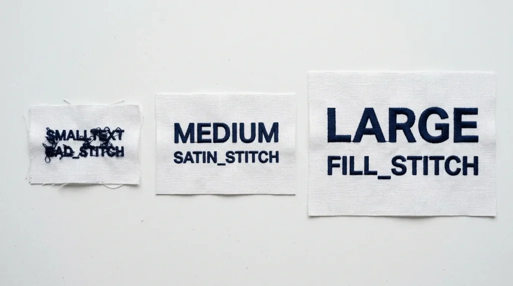 Three embroidery text samples showing correct stitch type matched to font size for improving font quality in embroidery