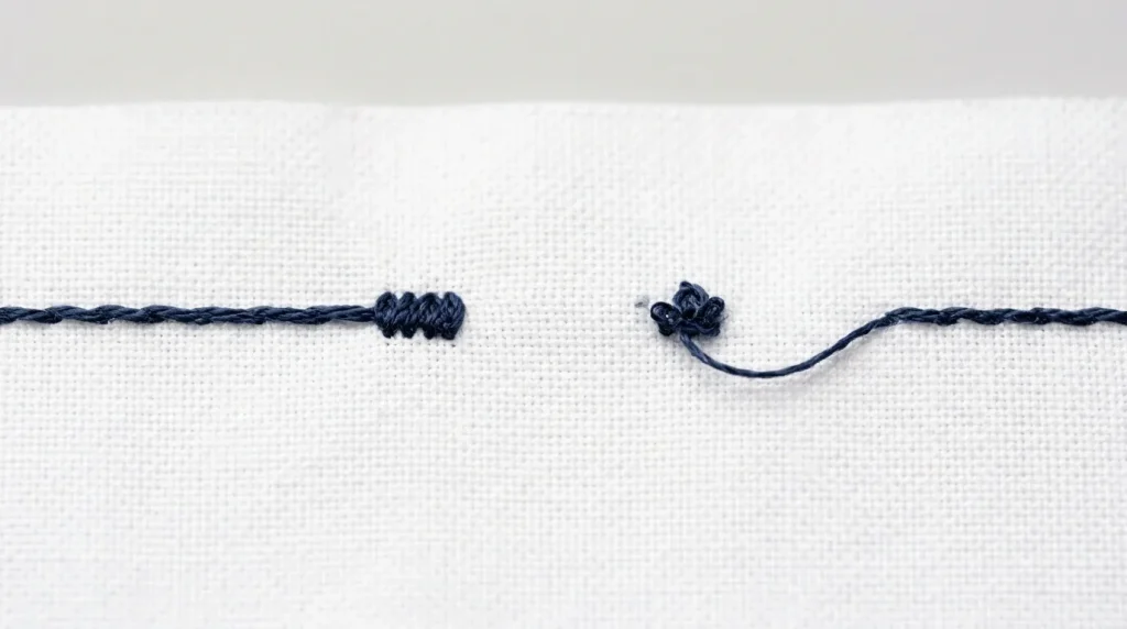  lock stitches embroidery comparison showing correct placement versus misplaced lock stitch with floating thread on white fabric