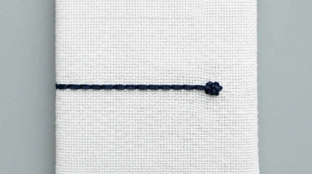 lock stitches embroidery macro close-up showing tiny tight stitch cluster at thread termination point on white fabric