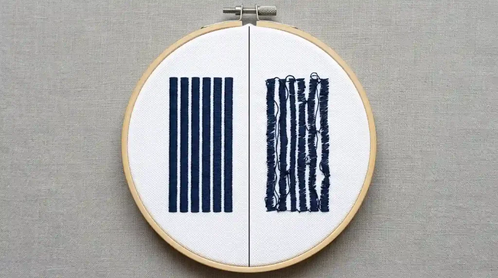 Side-by-side comparison of aligned vs misaligned embroidery columns on a white polo shirt