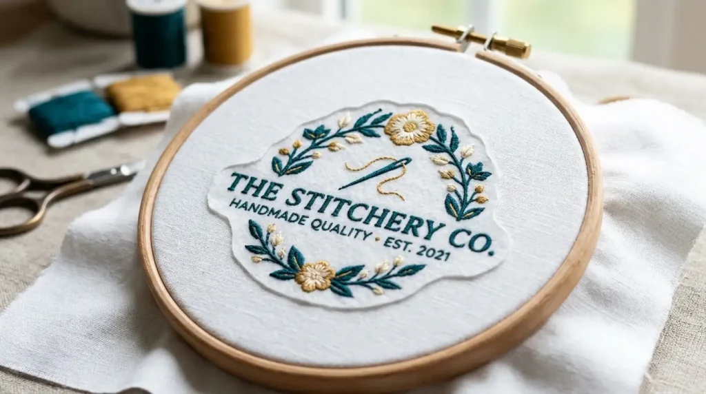 embroidery hoop with cutaway stabilizer and clean flat embroidered logo on white fabric