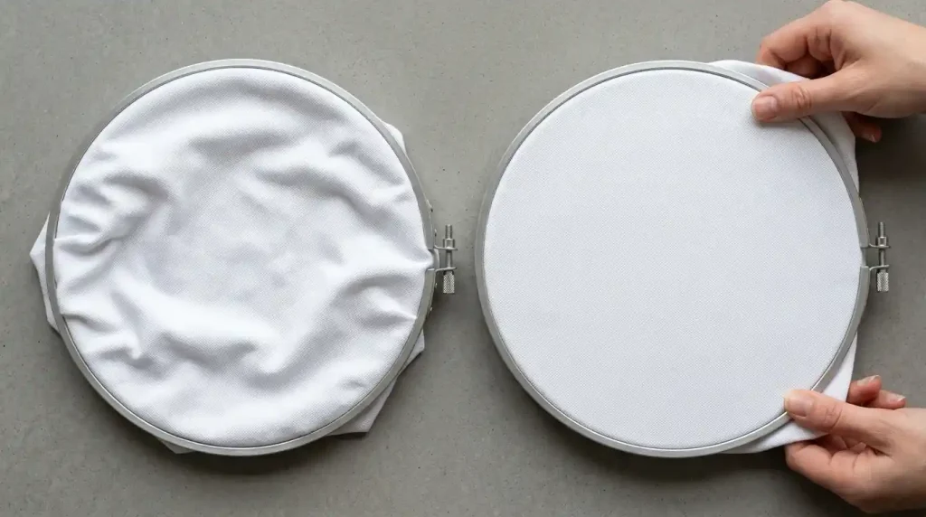Two embroidery hoops showing incorrect loose hooping on left vs correct drum-tight hooping on right for preventing logo stitching problems