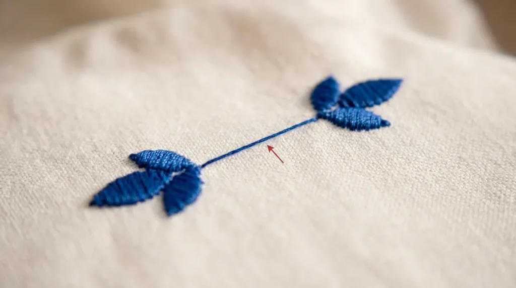 jump stitch connecting two same color embroidery elements to avoid color change stop 