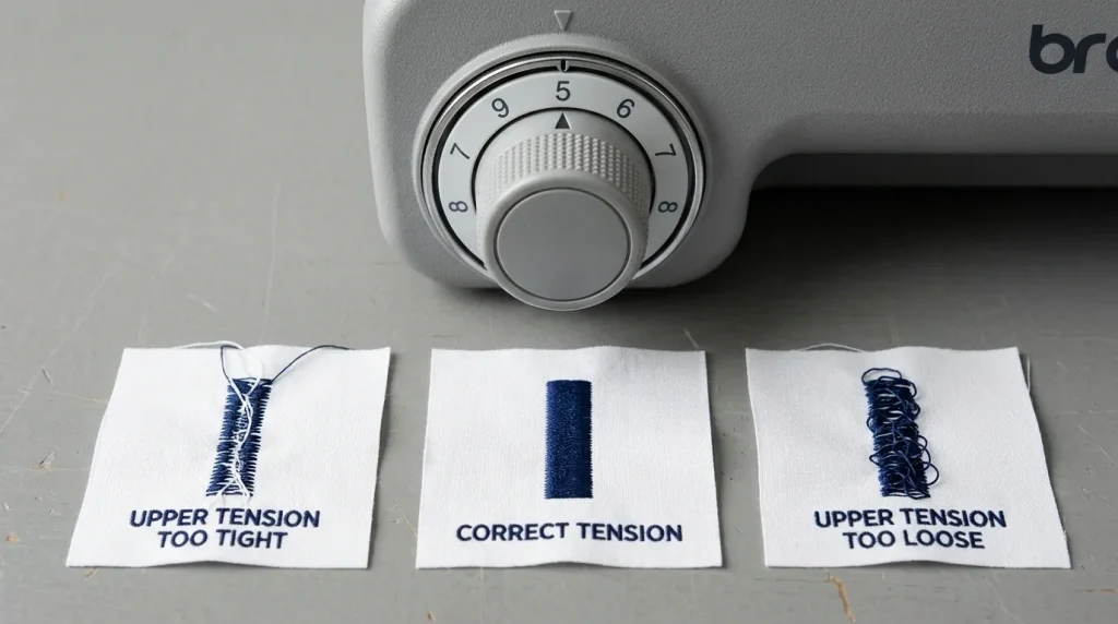 Embroidery machine tension dial with three fabric swatches showing too tight, correct, and too loose tension results for logo stitching