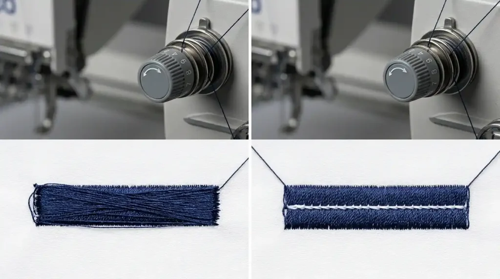 Embroidery machine tension dial and back of satin column showing correct vs incorrect thread tension