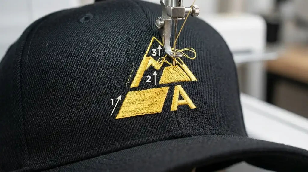 Bottom-up sew order on black cap logo showing numbered stitch sequence from brim to crown