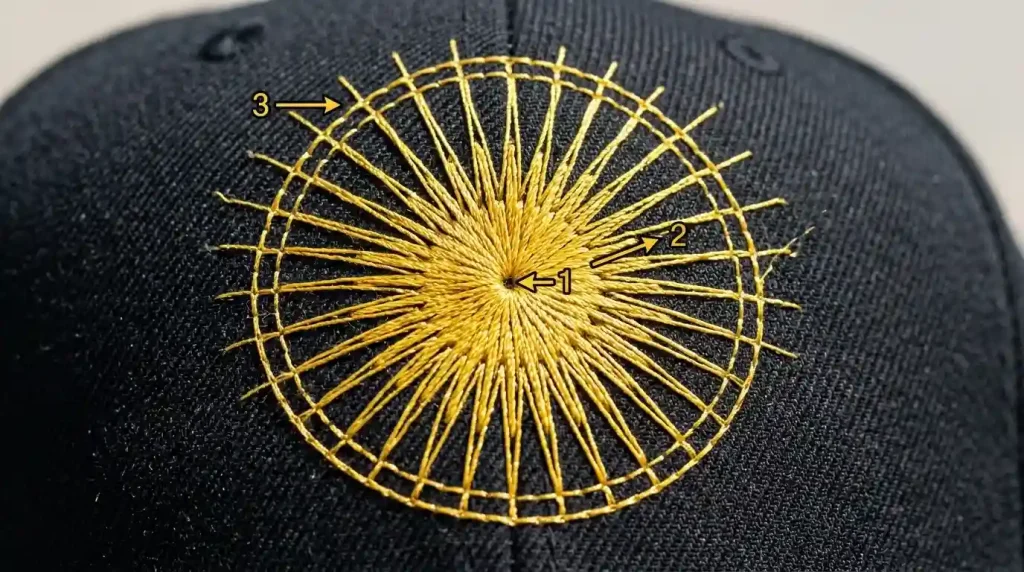Center-out sew order on black cap circular logo showing numbered stitch sequence from center to edges
