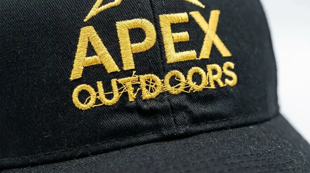 Cap embroidery distortion and puckering caused by wrong top-down sew order on black baseball cap