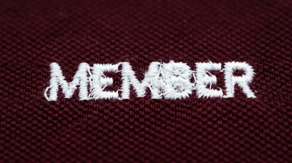 Close-up of small embroidery letters merging and becoming unreadable on burgundy polo shirt fabric