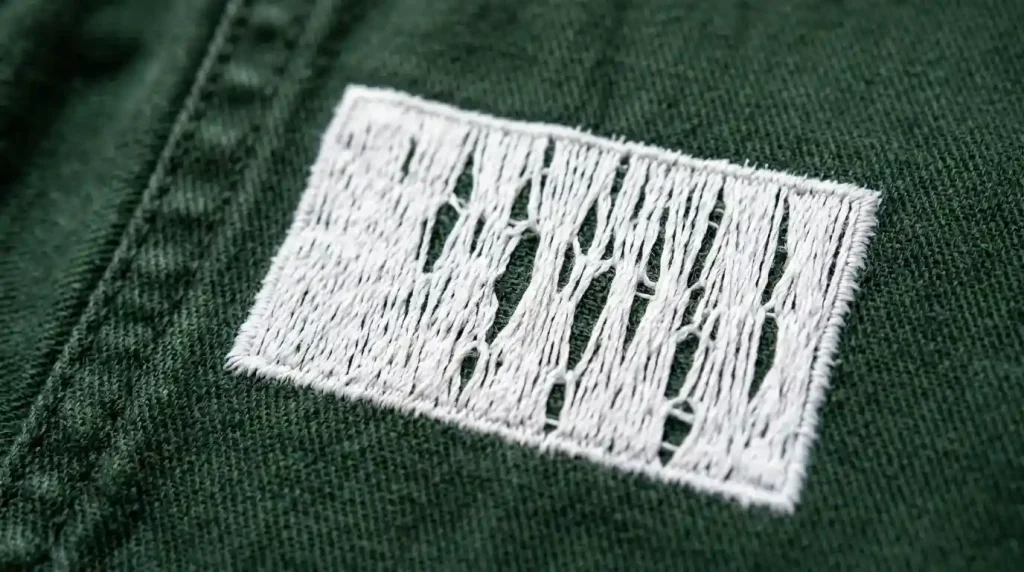 Close-up of embroidery fill stitch gaps showing forest green jacket fabric visible through white stitching