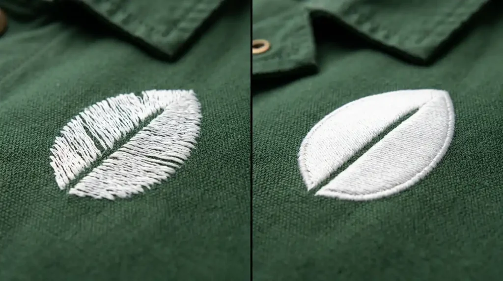 Side by side comparison of fill stitch with no underlay versus correct underlay on forest green jacket fabric