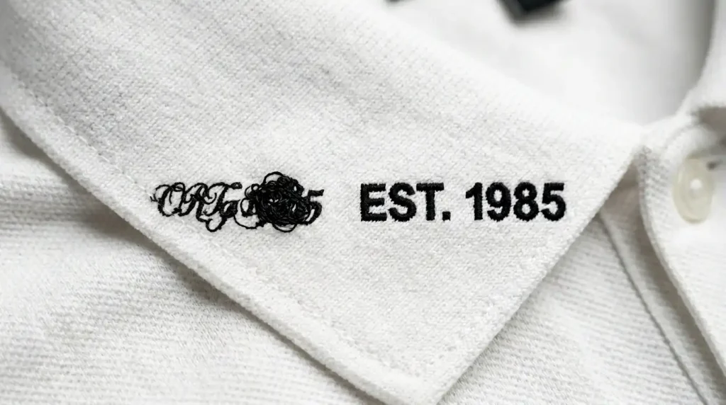 Small embroidery text comparison showing unreadable thin font versus clean bold font at small size