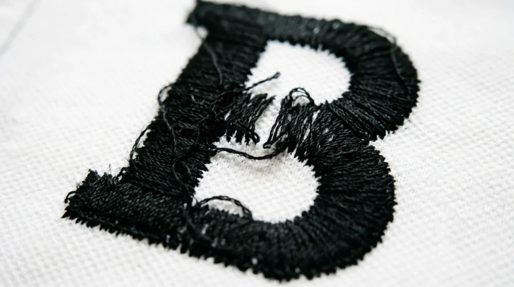 Large satin stitch embroidery letter splitting and looking uneven on white polo shirt fabric