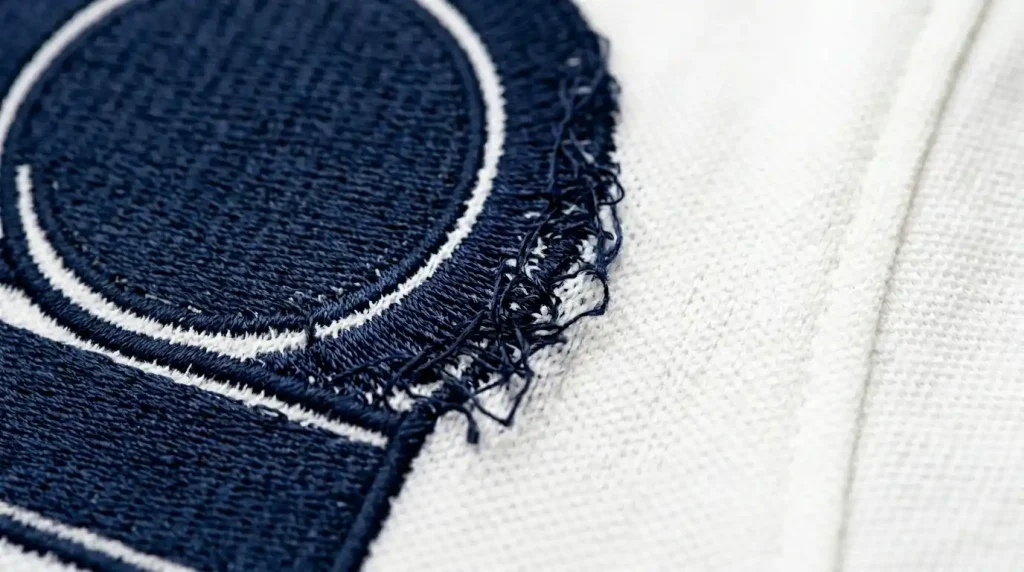 Close-up of embroidery fill stitches leaking and crossing outside border outline on white polo shirt