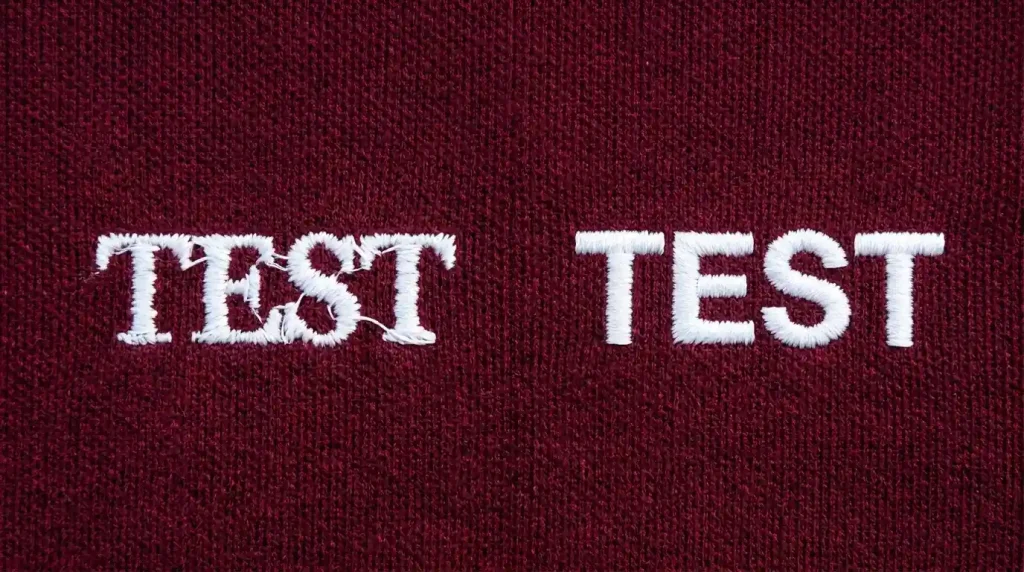 Side by side comparison of thin decorative font versus bold sans-serif font for small embroidery text on burgundy polo
