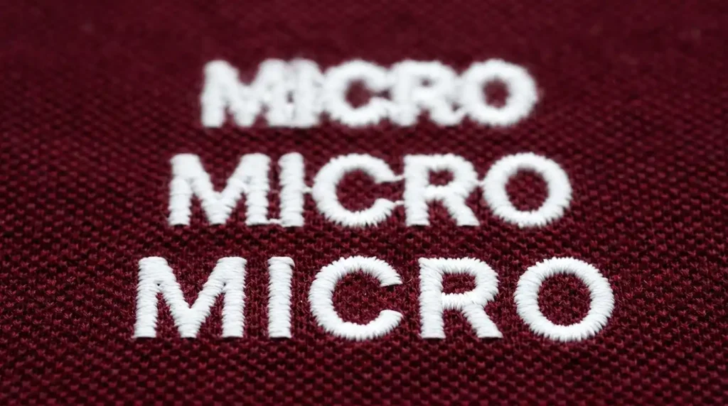 Three rows of embroidered text at 3mm 5mm and 7mm letter height on burgundy polo showing readability difference