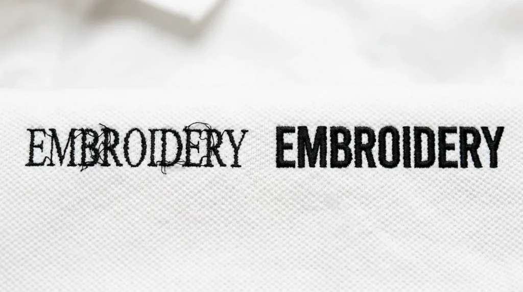 Side by side comparison of thin decorative serif font versus bold sans-serif embroidery font on white polo shirt