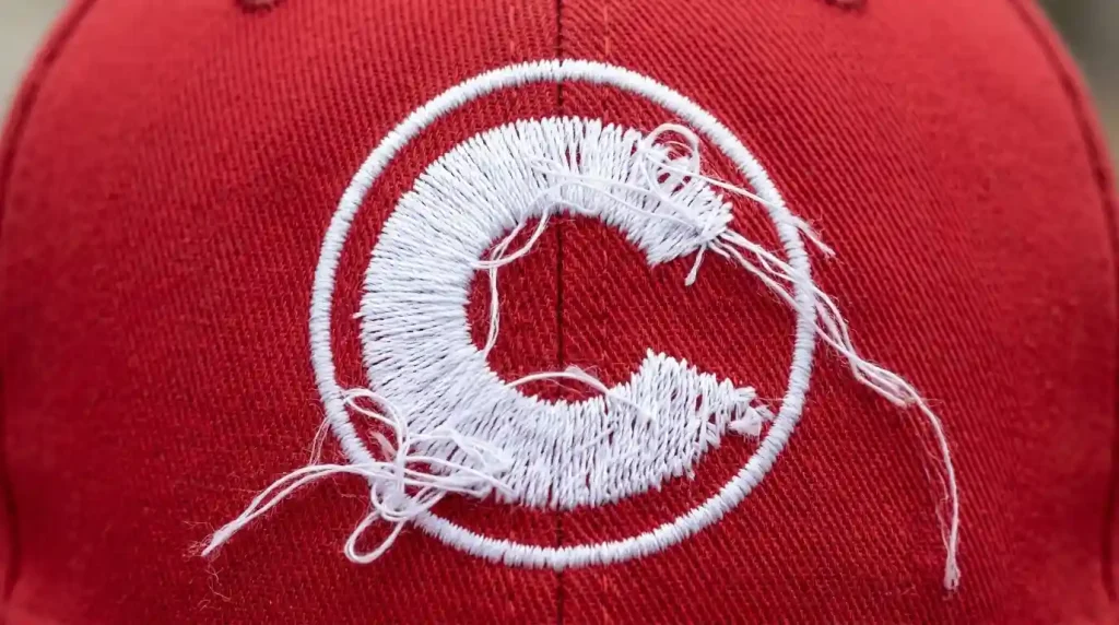 Close-up of fill stitch overflow problem on red baseball cap embroidery logo with stitches crossing border