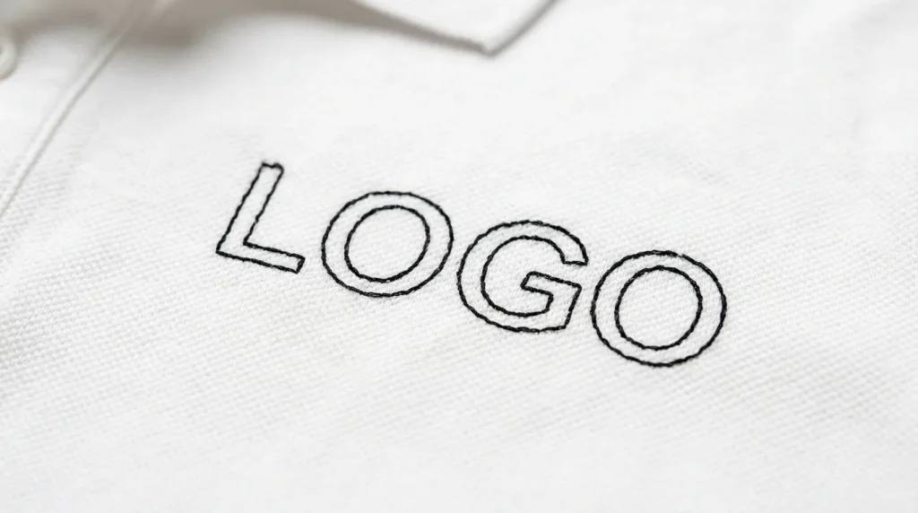 Close-up of thin weak embroidery letters with incorrect stitch type showing running stitch only on white polo