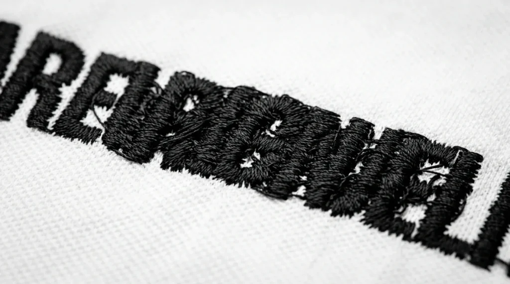 Embroidery letters merging together after incorrect stitch width increase on white polo shirt fabric