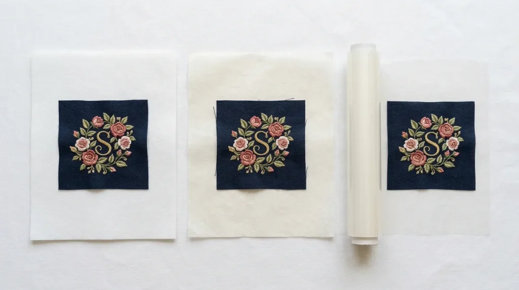 Three embroidery stabilizer types — cut-away, tear-away, and water-soluble — laid flat with fabric swatches
