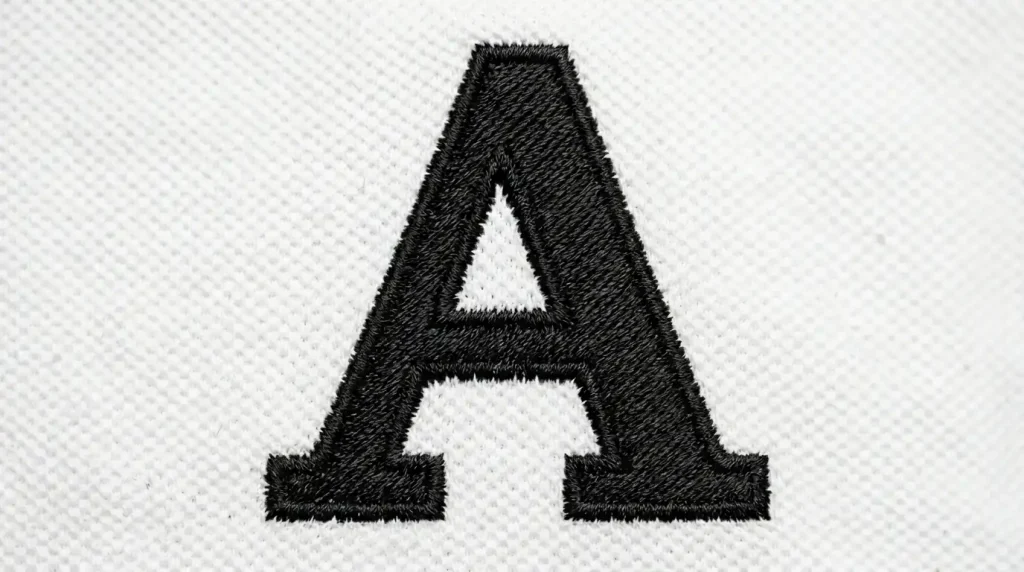 Large embroidery letter filled with flat tatami fill stitch at 45 degree angle on white polo fabric