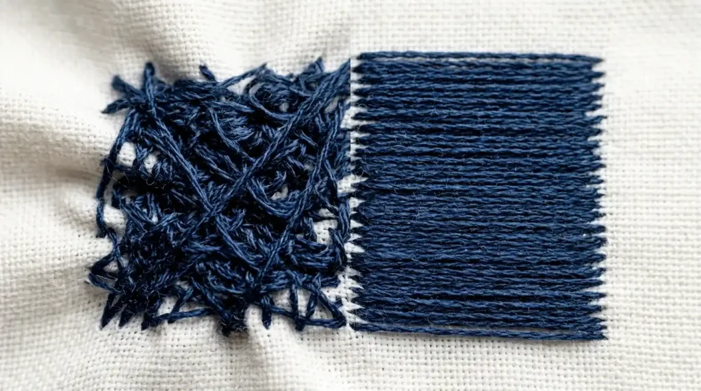 comparison of overly dense and correctly spaced embroidery fill stitches on white fabric
