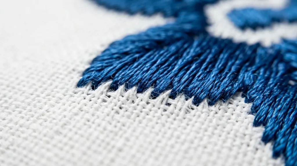 close-up of needle push distortion between satin stitches on white cotton fabric