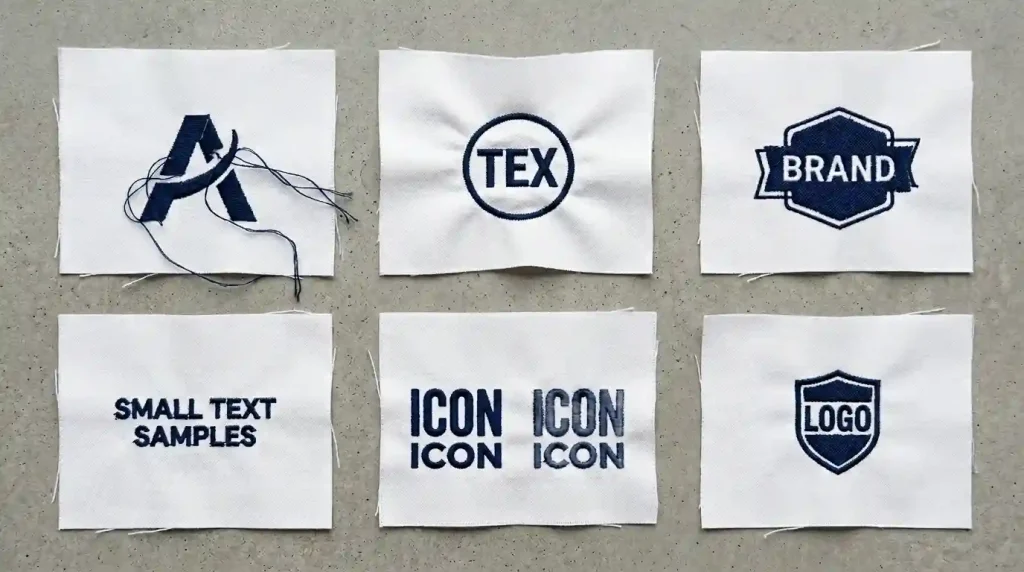 Six common issues customers face while stitching logos: thread breaks, puckering, misalignment, fuzzy text, color inconsistency, and size compression