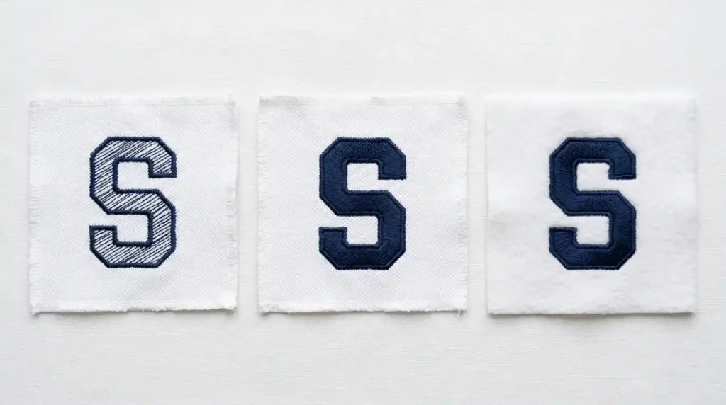Three fabric swatches showing incorrect vs correct embroidery stitch density for improving font quality in embroidery
