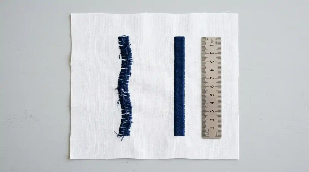 Before and after embroidery test stitch-out showing misaligned columns corrected to straight even columns