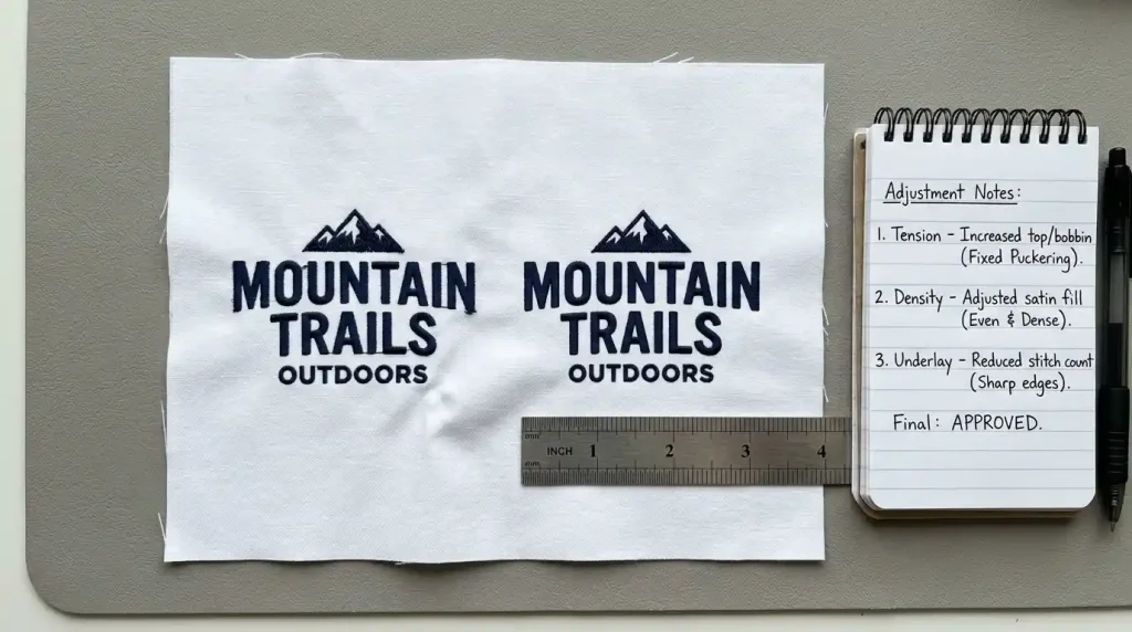 Before and after logo test stitch-out on white fabric showing common stitching issues identified and corrected before full production run