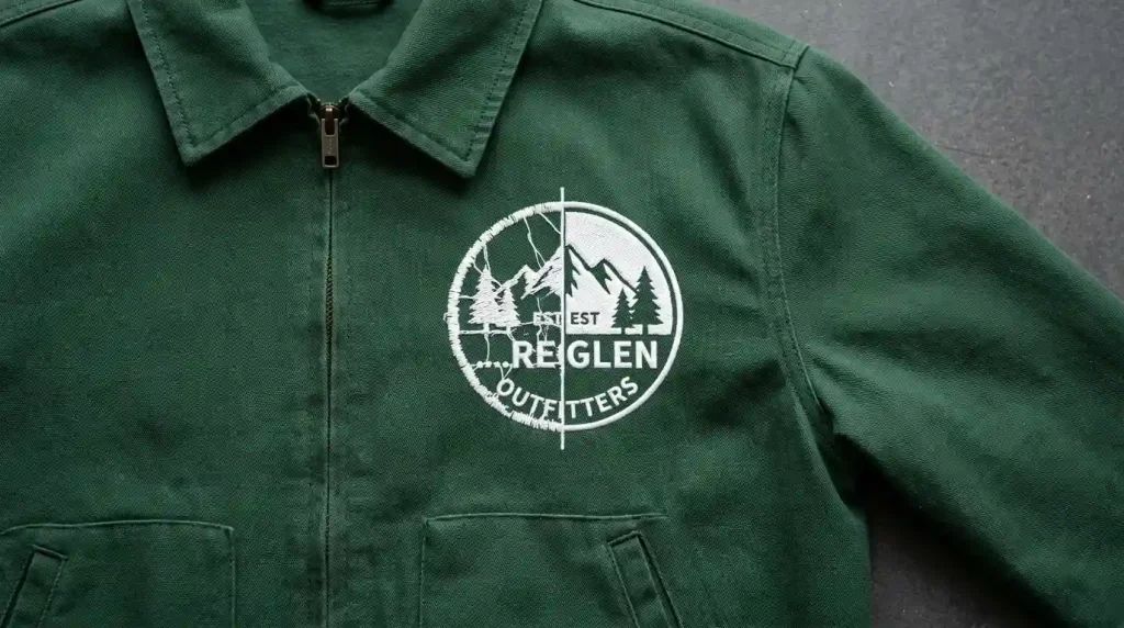 How to fix gaps in embroidery fill stitches stopping fabric showing through on forest green jacket