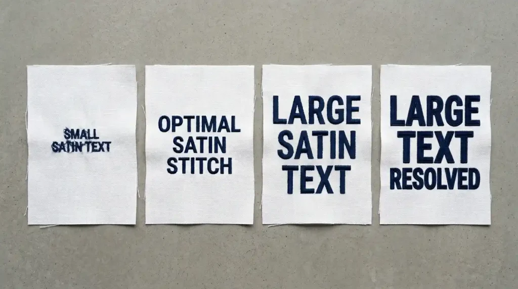 Four embroidery text swatches showing correct and incorrect stitch type matched to font size for fixing poorly stitching letters