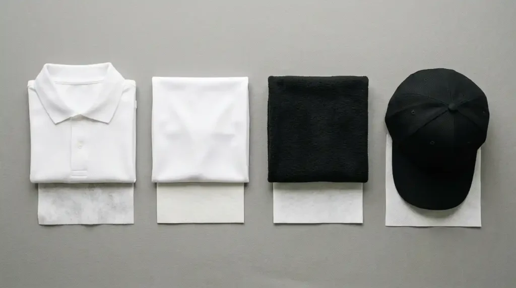 Four fabric types matched with correct embroidery stabilizers — polo with tear-away, stretch fabric with cut-away, fleece with cut-away, cap with cap backing