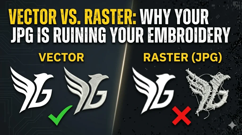 A side-by-side comparison showing a clean vector logo vs a pixelated JPG and its messy embroidery result on a dark background.