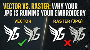 A side-by-side comparison showing a clean vector logo vs a pixelated JPG and its messy embroidery result on a dark background.