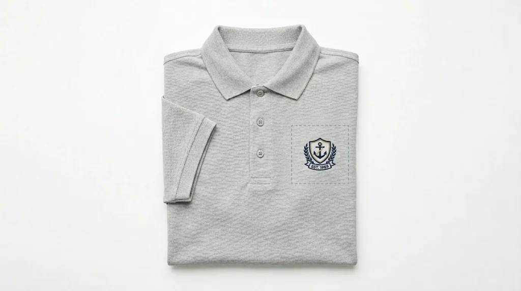 Left chest embroidery placement zone marked on a polo shirt showing standard 3.5 inch logo area
