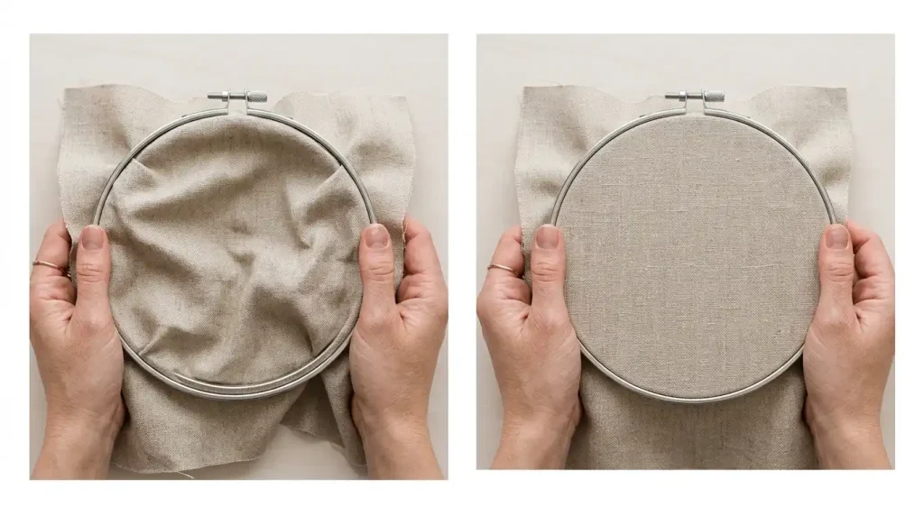 Correct vs incorrect embroidery hooping showing drum-tight fabric on the right and loose fabric on the left