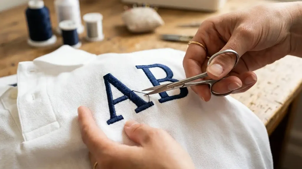 Manually trimming jump stitch threads between embroidered letters using small embroidery scissors for a clean finish