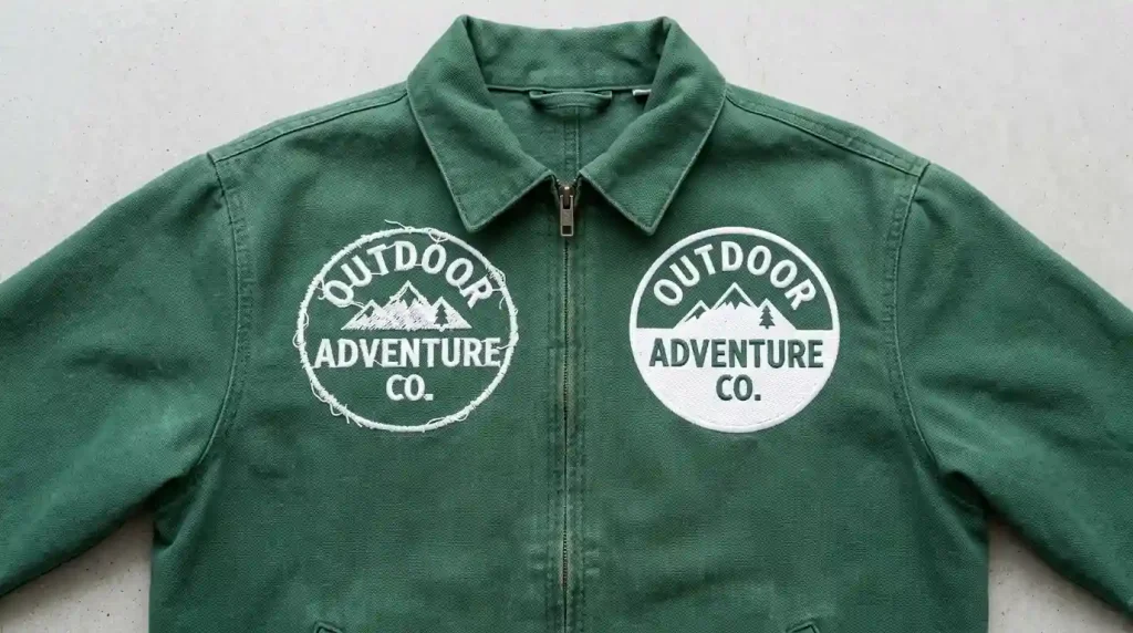 Forest green jacket embroidery comparison showing fill stitch gaps problem versus correct full coverage result