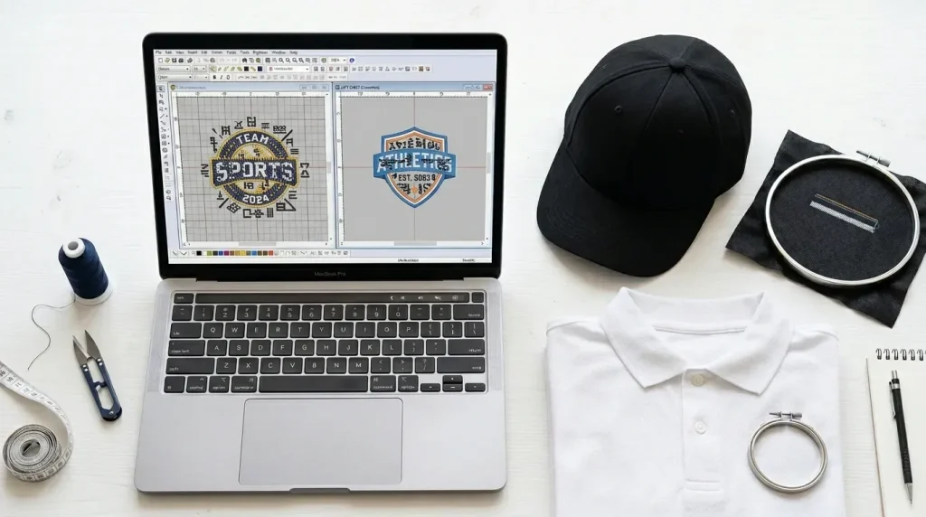 Embroidery digitizing software screen showing separate cap file and left chest file side by side with cap and polo shirt on desk