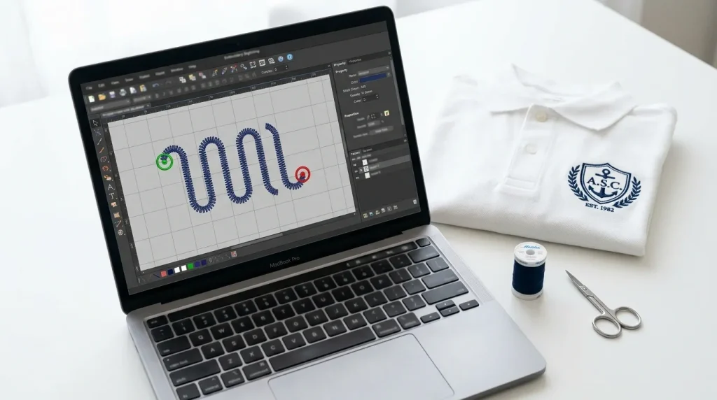 lock stitches embroidery digitizing software showing correct start and end lock stitch markers on embroidery path